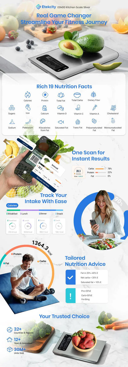 ✨AI Smart Food Scale | 19 Nutrient Facts Auto Scan | Digital Calorie Counter for Meal Prep & Fitness | Compact Stainless Design